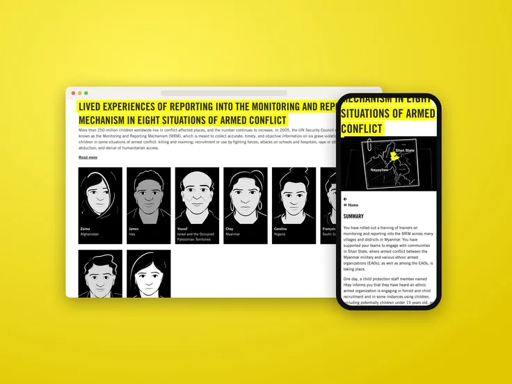 The Amnesty interactive’s character selection, with a story scene on a phone