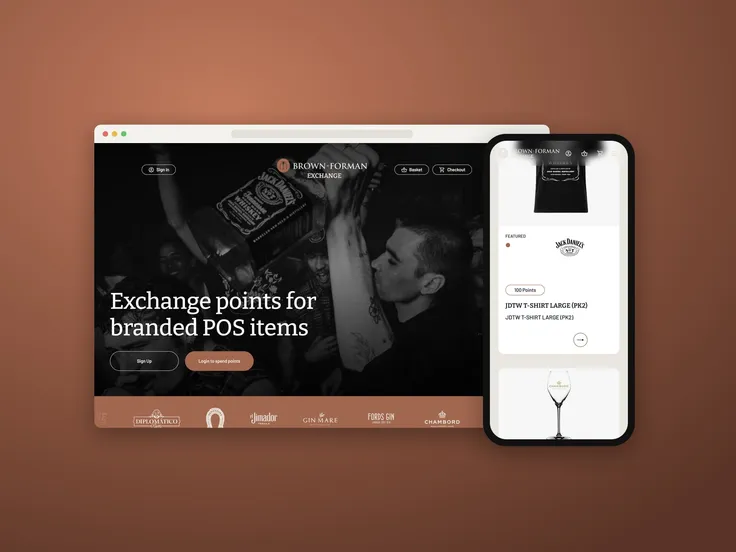 Brown-Forman Exchange home page, with a kit product card on a phone