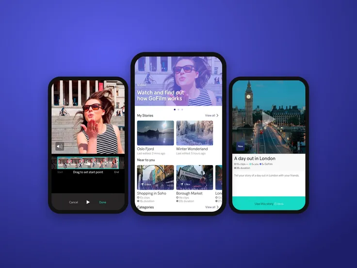 Three GoFilm screens: trimming a clip, the dashboard of stories, and a story template