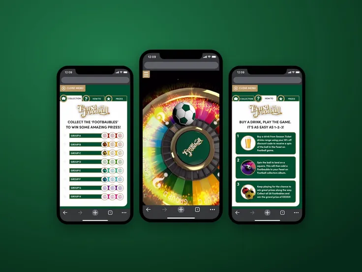 Three phones showing Feast on Football: the Footbaubles collection, the spinning wheel, and how to play