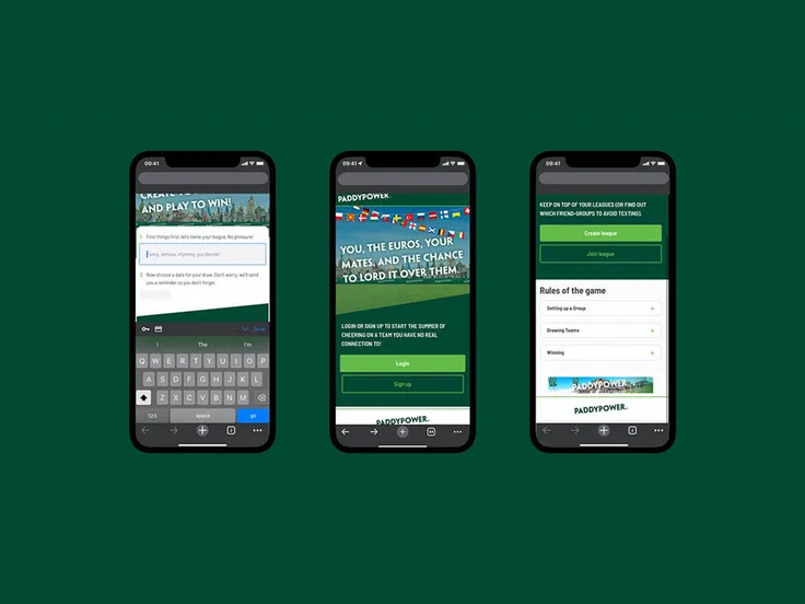 Paddy Power sweepstake screens on three phones