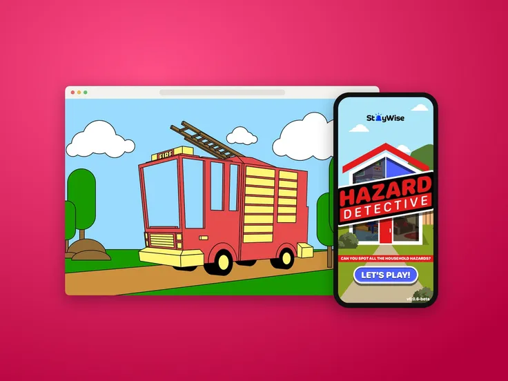 A coloured-in fire engine from the StayWise colouring book, and the Hazard Detective game on a phone