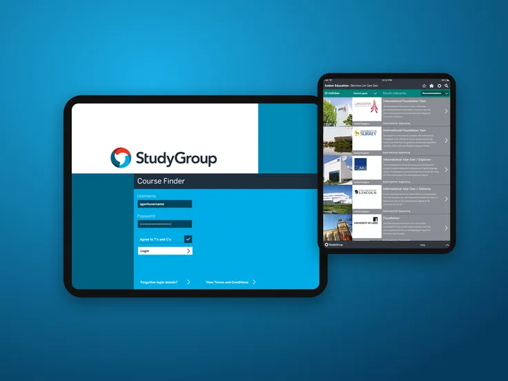 The Study Group Course Finder on two iPads: the agent login and a list of matching courses