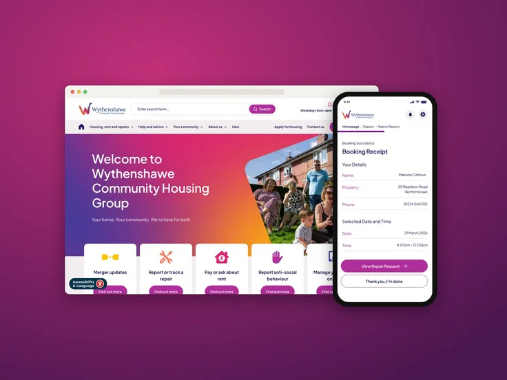 The Wythenshawe Community Housing website, with a repair booking receipt from the resident app on a phone