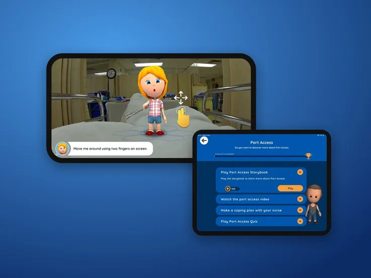 Xploro’s AR guide standing on a hospital bed, with the Port Access activities on an iPad